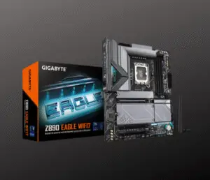 GIGABYTE Z890 Eagle WIFI7 gaming motherboard displaying the LGA 1851 socket and extended VRM cooling plates.