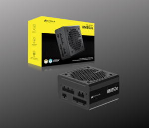 Corsair RM850e 850W fully modular power supply black color display with its 80 Plus Gold certified efficiency logo.